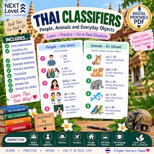 Puede incluir: Una tabla educativa en PDF imprimible titulada Thai Classifiers: People, Animals and Everyday Objects. La tabla presenta dos columnas que enumeran vocabulario tailandés para personas y animales con ilustraciones, junto a una pila de cuatro libros.