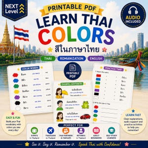 Könnte beinhalten: Ein druckbares PDF-Lernmaterial zum Erlernen thailändischer Farben, bestehend aus drei weißen Blättern mit Farbtabellen, Beispielsätzen und Übungen. Das Design enthält Text auf Thailändisch, Englisch und in lateinischer Umschrift.
