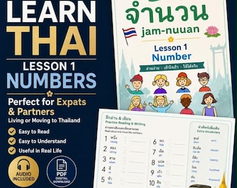 Adult Learn Thai Numbers PDF with Audio | Expat Survival Language Practice Workbook | Speak Thai Vocabulary Phrases Moving to Thailand