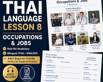 Adult Learn Thai Occupations PDF with Audio | Expat Survival Jobs Vocabulary Workbook | Speak Thai Sentences Phrases Moving to Thailand