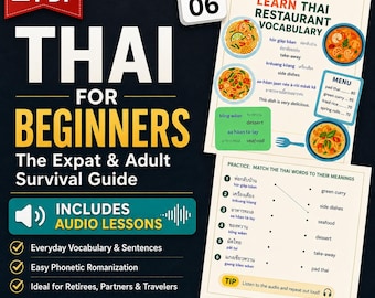 Adult Learn Thai Restaurant Food PDF with Audio | Expat Survival Ordering Phrases Workbook | Speak Thai Vocabulary Moving to Thailand