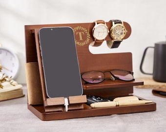Personalized Docking Station For Him,Custom Desk Storage Stand,Engraved Wood Docking Station,Christmas Gift For Him Father Husband Boyfriend