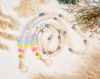 Personalized BOHO Lanyard for Teachers,Badge Holder,Teacher Gift,Lanyard with name,Personalized Gifts,Wooden Bead Lanyard,Gift For Her