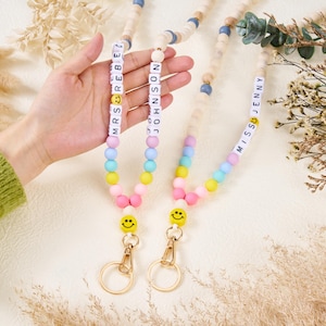 Personalized Boho Teacher Lanyard, Personalized Lanyard, Glass Seed Beads, Badge Holder, Teacher Gift, Wood Beads and Gold Lanyard, ID Badge