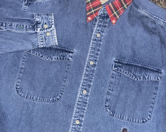 Vintage TOMMY HILFIGER Red Plaid Collar Blue Jean Shirt Size Medium Denim