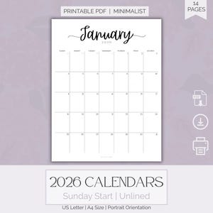 Minimalist 2026 Calendar PDF Printable Monthly Planner Pages Bundle Unlined Portrait Calendar Sunday Start Monthly Planner Page