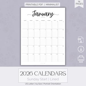 Minimalist 2026 Calendar PDF Printable Monthly Planner Pages Bundle Lined Portrait Calendar Sunday Start Monthly Planner Page
