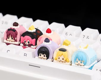 Set de teclas Magical Cake Roll Girl, inspiradas en postres de anime, de resina artesanal, hechas a mano para teclados mecánicos. Un regalo dulce y adorable.