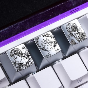 May include: A close-up of a mechanical keyboard with custom keycaps. The keycaps feature black and white illustrations of anime characters. The keyboard has a white base with a purple accent. The keycaps are grey.