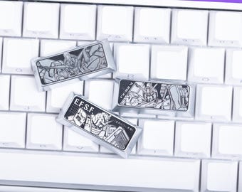 Juego de 3 teclas de metal Gundam de aleación de zinc con barras espaciadoras grabadas, teclados mecánicos con diseño de mecha de anime, compatible con Cherry MX, regalo para fanáticos.