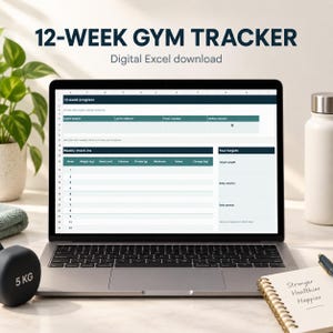 May include: A laptop screen displaying a 12-week gym tracker digital Excel spreadsheet. The interface includes sections for weekly check-ins, weight, waist measurements, calories, protein, workouts, notes, and target goals for weight, calories, and protein.