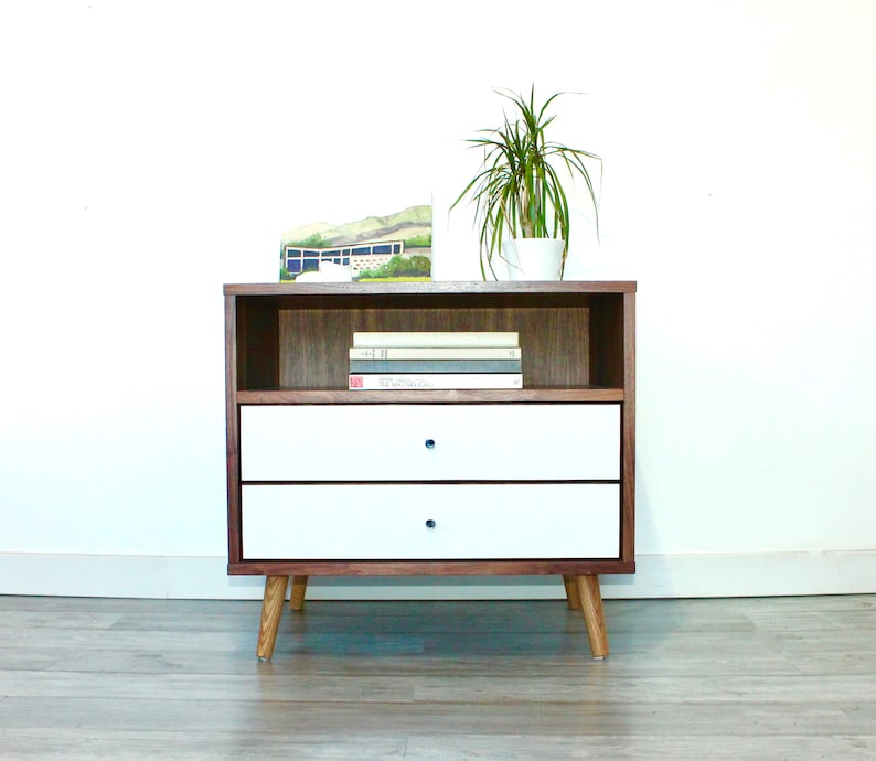 Mid-Century Night Stand Bedside Table with Two Drawers 