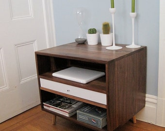 Mid-Century Solid Walnut Bedside Storage Cabinet With Drawer