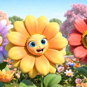 May include: A vibrant illustration of three smiling anthropomorphic flowers in a colorful garden. The flowers are in shades of purple, yellow, and red, each with a cheerful face and large petals. The background features a lush garden with various flowers and trees.