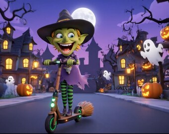Halloween e-card with scary witch Olga is running her electric scooter on Halloween
