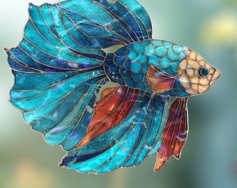 Betta Fish Acrylic Suncatcher, Colorful Window Hanging Decoration with Flowing Fins, Ocean Aquarium Lover Pet Gift, Stained Glass Effect