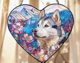 Husky Dog Heart Stained Glass Suncatcher, Siberian Husky Window Hanging, Pet Memorial Sun Catcher Gift for Dog Lovers and Home Decor