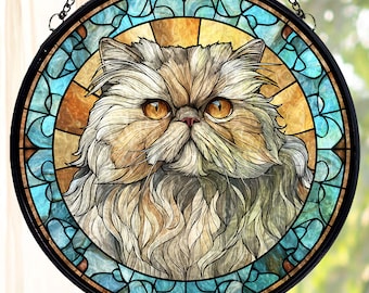 Persian Cat Stained Glass Suncatcher, Round Cat Window Hanging Ornament, Pet Memorial Gift, Unique Cat Lover Decoration for Home Decor