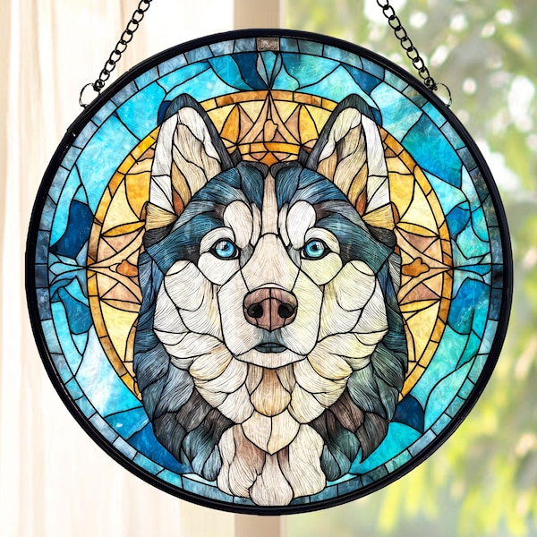 Atrapasol de vitral con diseño de husky siberiano: decoración para ventanas de raza canina