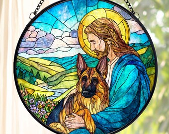 Jesus Holding German Shepherd Stained Glass Suncatcher, Christian Dog Lover Window Hanging, Faith Inspired Religious Home Decor Gift