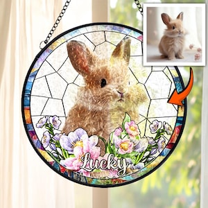 Custom Bunny Portrait Stained Glass Suncatcher, Personalized Rabbit Memorial Gift with Photo and Name, Cute Pet Loss Window Hanging Keepsake