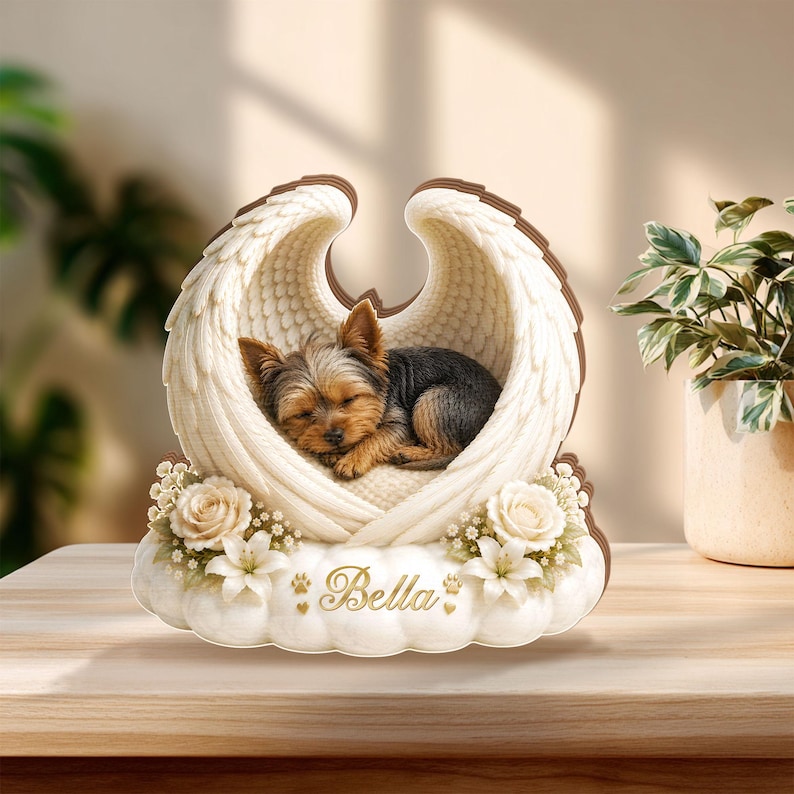 Personalized Yorkshire Terrier Memorial Wooden Block, Custom Yorkie Pet Loss Gift, Angel Wings Dog Memorial Keepsake Decor