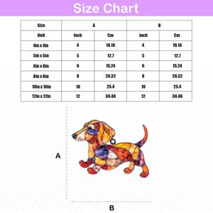 May include: A colorful stained-glass dachshund ornament. The size chart shows dimensions in inches and centimeters, ranging from 4x4 inches (10.16 cm x 10.16 cm) to 12x12 inches (30.48 cm x 30.48 cm). The ornament has a loop for hanging.