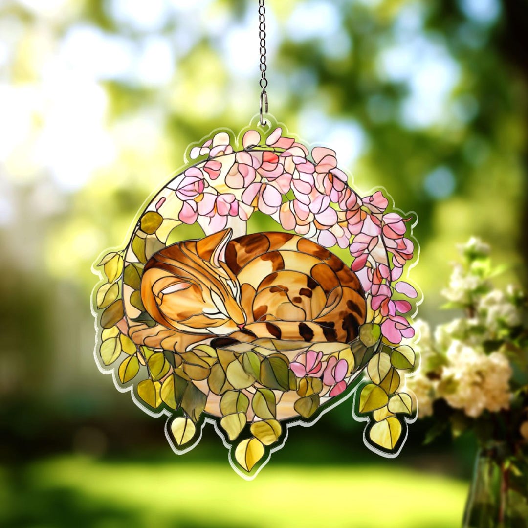 Sleeping Bengal Cat Acrylic Suncatcher, Stained Glass Style Floral ...