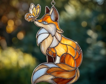 Fox Stained Glass Suncatcher, Acrylic Fox Ornament with Butterfly, Woodland Animal Window Hanging, Nature Decor Gift for Animal Lovers
