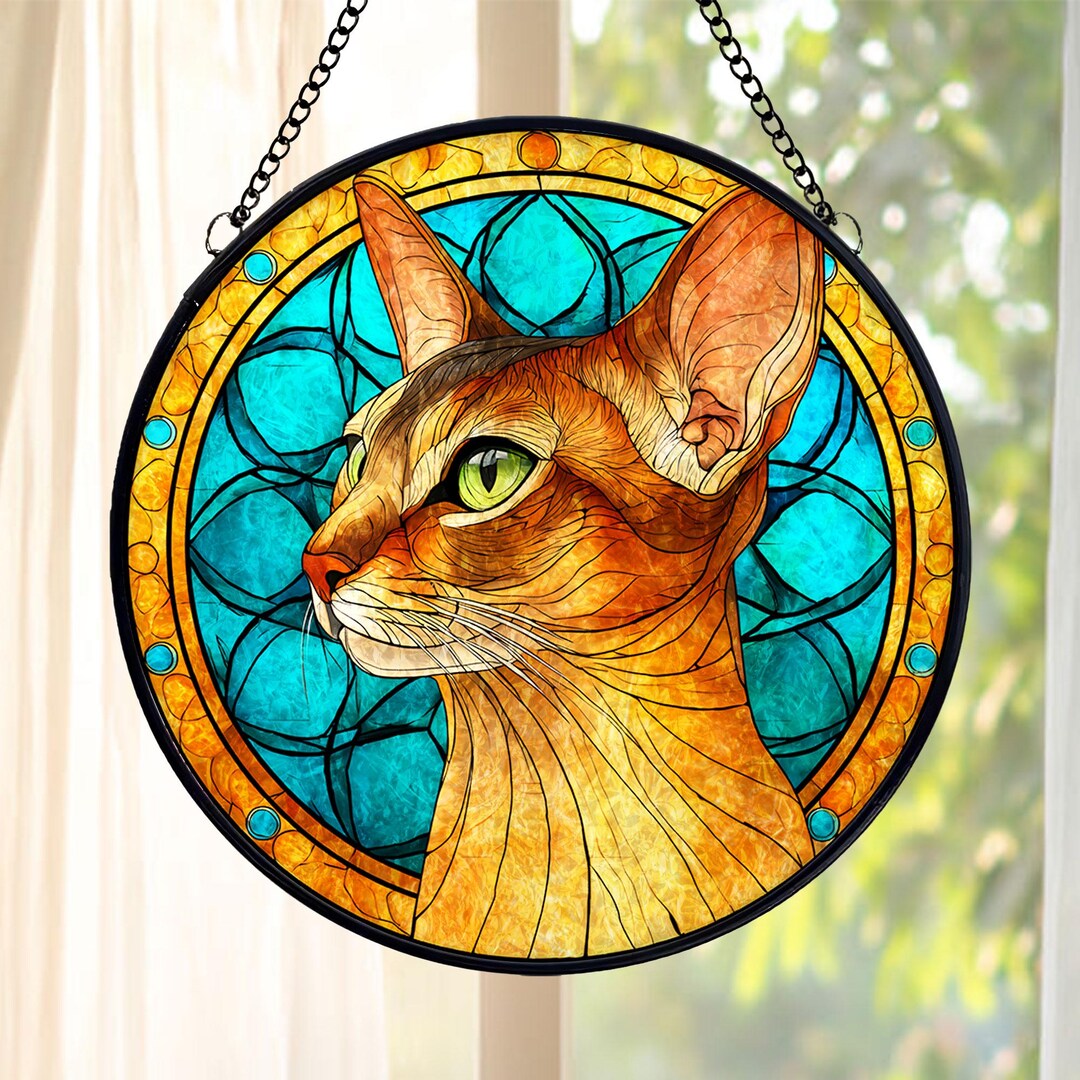 Abyssinian Cat Stained Glass Suncatcher, Round Cat Window Hanging ...