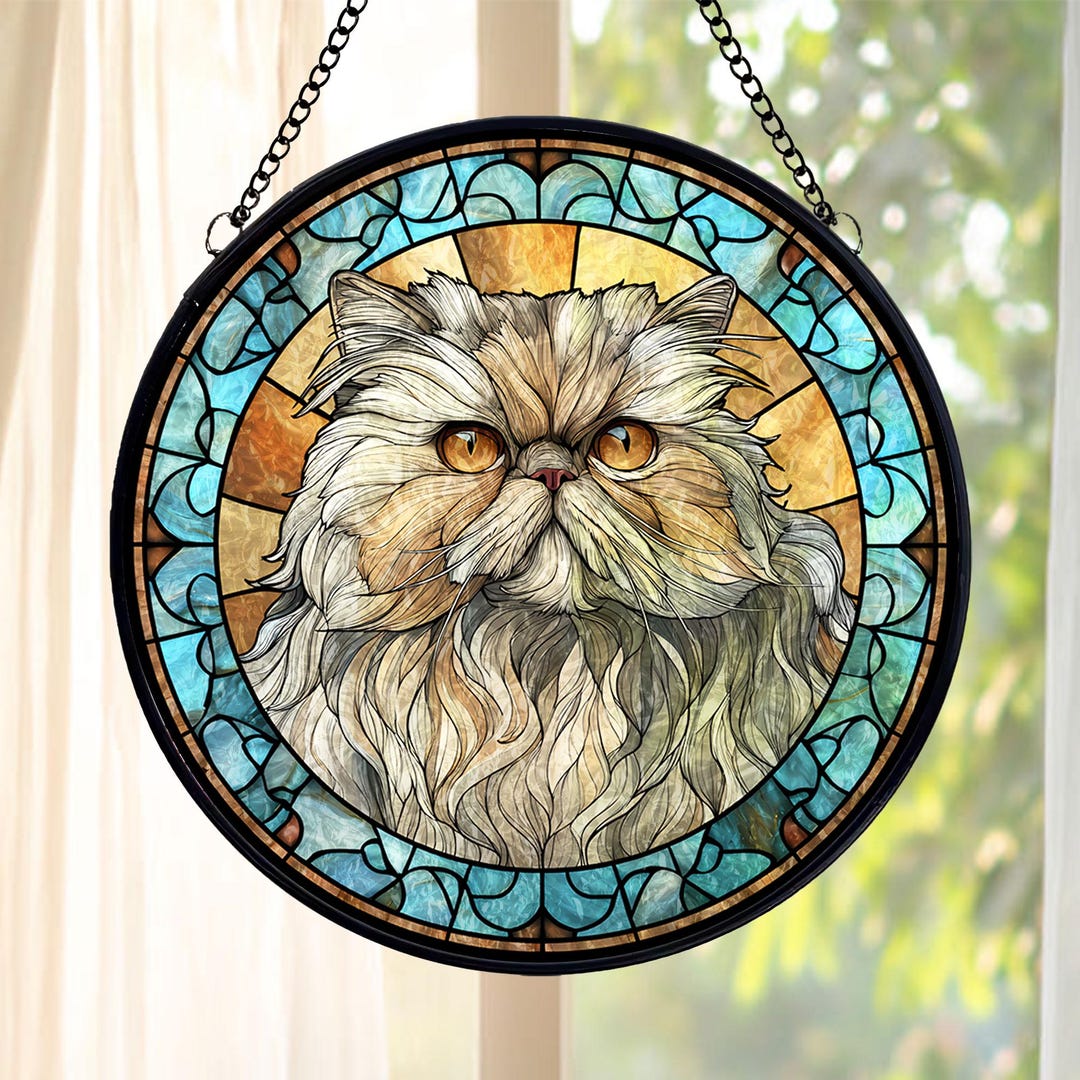 Persian Cat Stained Glass Suncatcher, Round Cat Window Hanging Ornament ...