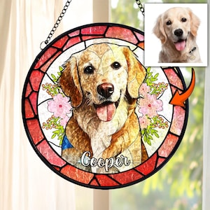 Custom Dog Portrait Suncatcher, Personalized Pet Photo Stained Glass Style, Pet Memorial Gift, Custom Pet Name Window Hanging