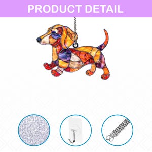 May include: A stained glass dachshund dog ornament with a chain for hanging. The dog features a colorful patchwork design in shades of orange, yellow, red, and purple. The text "PRODUCT DETAIL" is at the top.
