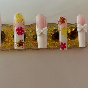 Floral French Tip Press On Nails with Bows | Soft Flower Design | Reusable Handmade Nail Set