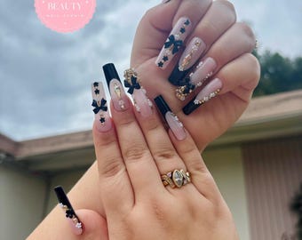 Custom Luxury Bling Press On Nails | Black French | Coffin / Tapered Square Shape | Reusable Handmade Nail Set