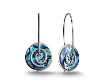 Silver Pāua Spiral Drop Earrings