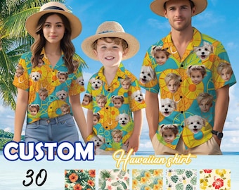 Camisa hawaiana personalizada con cara - Camisa hawaiana personalizada para hombres, mujeres y niños - Camisa hawaiana con flores - Camisa familiar para fiesta en la playa
