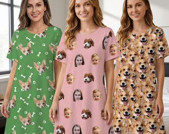 Custom Photo Nightgown for Women, Personalized Pet Face Nightshirt, Custom Face Sleep Dress, Funny Pajama Shirt Dress, Summer Gift for Girls