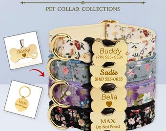 Personligt hundhalsband med namn - Anpassat hundhalsbandkoppelset med blommigt motiv - Anpassad hundbensbricka med namn - Gåvor till hundälskare