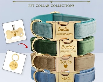 Collare per animali domestici personalizzato con nome - Set collare e guinzaglio in velluto personalizzato per cani - Targhetta con nome inciso - Accessorio regolabile e grazioso per animali domestici - Regalo per cuccioli