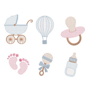Baby Essentials Embroidery Bundle, Stroller Pacifier Bottle Rattle Footprints, Nursery Newborn Icons, Machine Embroidery, Instant Download