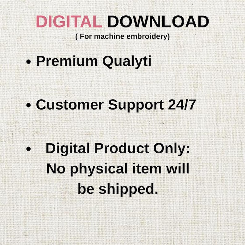 May include: A digital download graphic with the text "DIGITAL DOWNLOAD" in pink and black. The image lists "Premium Qualyti", "Customer Support 24/7", and "Digital Product Only: No physical item will be shipped."