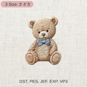 May include: Embroidered teddy bear with a blue bow tie. The bear is light brown with dark brown eyes and nose. The image includes the text "3 Size: 3' 4' 5'" and "DST, PES, JEF, EXP, VP3".