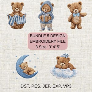 Teddy Bear Nursery Embroidery Design Bundle, Sleeping Teddy Bear Machine Embroidery File, Bear Sleep Embroidery, Newborn Baby Shower Design