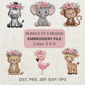 Può includere: Un pacchetto di sei disegni di file di ricamo con adorabili animali: una zebra, un elefante, una scimmia, un leopardo, un fenicottero e una giraffa, ognuno adornato da una corona floreale. Il testo recita "BUNDLE OF 6 DESIGN EMBROIDERY FILE 3 Size: 3' 4' 5'".