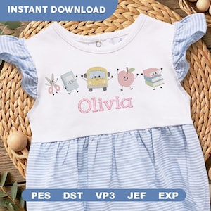 May include: A white short-sleeved dress with light blue striped ruffled sleeves and a matching striped skirt. The bodice features embroidered cartoon school supplies including scissors, a notebook, a bus, an apple, and books, with the name Olivia.