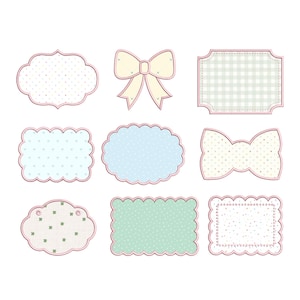 May include: A collection of nine decorative labels and tags in various shapes including scalloped rectangles, ovals, and bows. The designs feature pastel colors like light blue, mint green, and cream with patterns of tiny dots, gingham, and clover motifs.