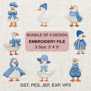May include: An embroidery file bundle featuring eight whimsical duck designs. Each duck is adorned with blue accessories like hats, scarves, and bows. The text reads "BUNDLE OF 8 DESIGN EMBROIDERY FILE 3 Size: 3' 4' 5'" and includes file type abbreviations.