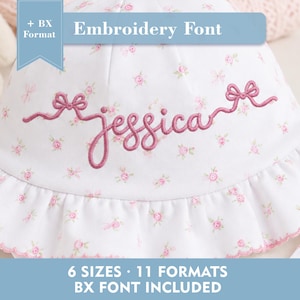 May include: A white sun hat with a small pink floral pattern and a ruffled brim. The hat features the name jessica embroidered in pink thread, accented by two small pink bows. Text on the image includes Embroidery Font, + BX Format, and 6 SIZES 11 FORMATS BX FONT INCLUDED.