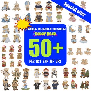 Könnte beinhalten: Eine digitale Sammlung von über 50 Teddybär-Stickmustern mit verschiedenen Outfits und Themen, darunter Feiertags-, Sport- und Berufskleidung, auf blauem Hintergrund mit dem Text MEGA BUNDLE DESIGN TEDDY BEAR 50+.